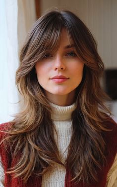 Long Layered Hair Square Face, Fall Layered Hair, Long Bang Haircut, Long Layered Haircut With Bangs, Long Haircut With Bangs, Long Shag With Bangs, Long Layered Shag, Layered Hairstyles With Bangs, Corte Shag