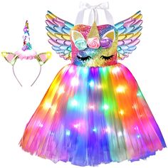 PRICES MAY VARY. Unicorn Costume Includes: 1 unicorn dress with rainbow colors LED lights(Batteries not included. Please purchase 3 AAA batteries by yourself) + 1 unicorn headband with LED lights(batteries included) +1 wings without LED lights. LED Light Up Girls Unicorn Costume: The unicorn costume is every girl dreams of. Turn on the LED lights of the rainbow unicorn dress at night and your girl will be the most beautiful princess in the party. Handmade: Girls Unicorn princess dresses are made Girls Unicorn Costume, Girl Unicorn Costume, Led Tutu, Girls Mermaid Costume, Halloween Tutu Dress, Stretch Crochet, Halloween Led Lights, Light Fairy, Unicorn Wings