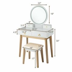 an image of a vanity with stool and mirror on the top shelf in white color