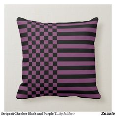 a black and purple striped pillow sitting on top of a white wall with the words stripes checker and purls t