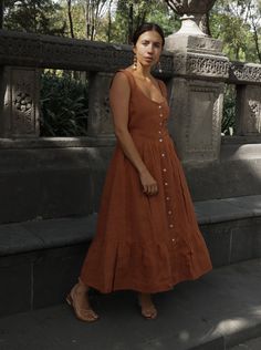 Poet Dress, Drawing Notes, Fresh Perspective, Amber Brown, Linen Fashion, Mama Style, Rust Dress, Organic Linens, Button Dress