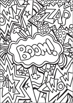 a coloring page with the word boom surrounded by stars and confetti in black and white