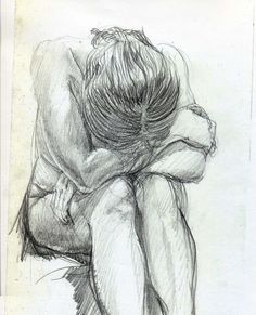 a pencil drawing of a man sitting on his knees