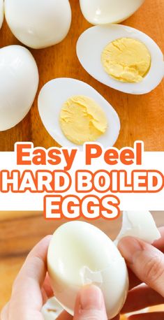 hard boiled eggs on a cutting board with text overlay that reads easy peel hard boiled eggs