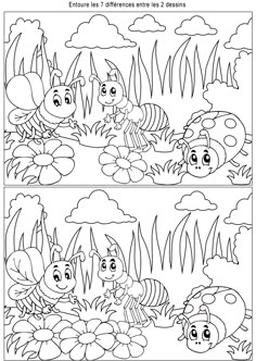 two coloring pages with bugs and flowers in the grass, one is black and white