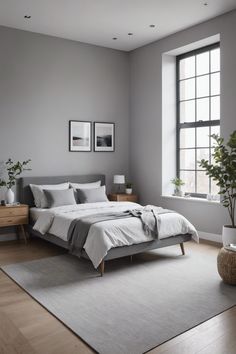 a bedroom with gray walls and white bedding in front of a large open window