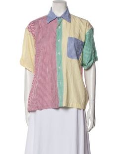 éliou Button-Up TopWhiteStripedShort Sleeve with CollarButton Closure at Front Designer Multicolor Button-up Tops, Luxury Multicolor Button-up Shirt, Multicolor Button-up Blouse With Button Closure, Multicolor Vibrant Print Button-up Top, Striped Button-up Tops With Button Closure, Striped Short, Short Sleeve Button Up, Striped Shorts, Button Up