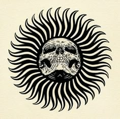 a black and white drawing of a sun with a skull on it's face