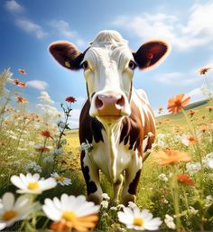 a brown and white cow standing on top of a lush green field filled with flowers