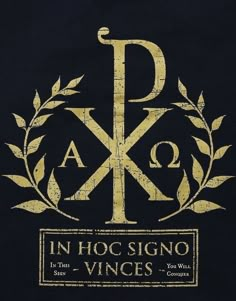 a black shirt with gold letters and an image of the letter k in hoc signo - vines