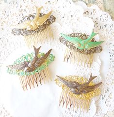 "Beautiful flying sparrow hair comb.. part of my Woodland Collection \"Behind The Shady Tree\" A gorgeous ox brass ornate filigree and golden brass sparrow make up this pretty Woodland hair comb The perfect way to accessorize! If you are a soon to be bride. This little darling would be the perfect finishing touch for your special day or your bridesmaids Comb is gold plated and nickel free Swallow/sparrow is raw brass Filigree is ox brass Comb measures 2\" X 1.5\" Sparrow measures 3.5\" More pret Flying Sparrow, Flying Swallow, Shady Tree, Hair Comb Bridal, Brass Filigree, Silver Flower Earrings, Hair Comb Wedding, Bridal Hair Comb, Rose Earrings