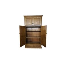 an open cabinet with two doors and drawers