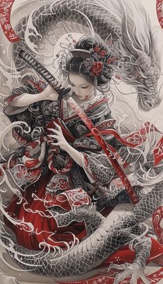 Geisha Tattoo Design Ideas, Female Samurai Tattoo, Shogun Tattoo, Japanese Ronin, Female Samurai Art, Japanese Warrior Tattoo, Cat God, Geisha Tattoo Design, Notan Art