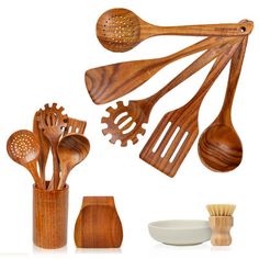 wooden utensils and spoons are arranged on a white background