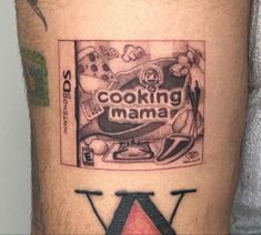 a man with a tattoo on his leg that reads cooking mama and has an image of a pizza box