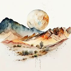 a painting of mountains with a full moon in the sky above them and cactus trees