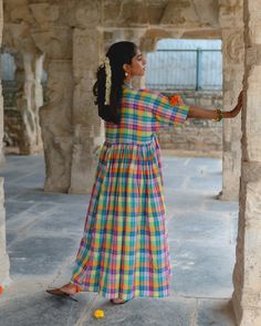 A free flowing heavily gathered dress with mandarin collar in a beautifully handwoven madras checks with an embellished stitch of Kantha. Festive Multicolor Handloom Dress, Madras Checks, Madras Dress, Check Suit, Gathered Dress, Checkered Dress, Check Dress, Free Flowing, Mandarin Collar