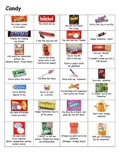 candy chart with words and pictures on it