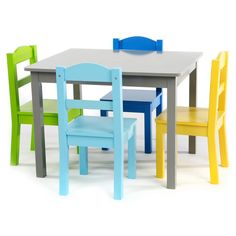 the children's table and chairs are all different colors