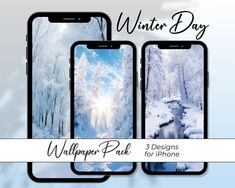 three iphones with the winter day wallpaper pack on them, and an image of snow