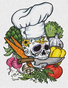 a drawing of a chef skull with vegetables