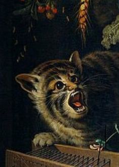 a painting of a cat with its mouth open on top of a keyboard and mouse