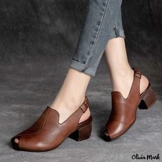 Olivia Mark - Premium Leather Peep-toe Sandals with Comfortable Cushioned Sole and Chunky Heel Mom Shoes, Casual High Heels, Chunky High Heels, Retro Shoes, Open Toe Shoes, Peep Toe Sandals, Platform Wedge Sandals, Thick Heels, Brown Sandals