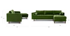 a green couch and chair are shown with measurements