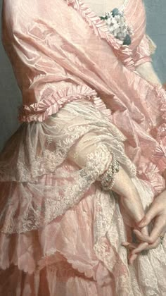 a painting of a woman wearing a pink dress and holding her hand in her other hand