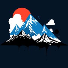 the mountains are covered in snow and red, white, and blue paint as the sun sets behind them