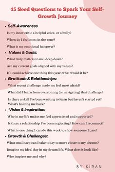 a pink poster with the words'15 seed questions to spark your self growth journey '