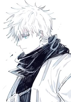 an anime character with white hair and blue eyes, wearing a black scarf around his neck