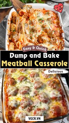 an easy and quick dump and bake meatball casserole recipe is ready to be eaten