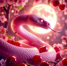 a pink snake with cherry blossoms on it's head and the moon in the background