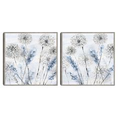 two blue and white paintings with dandelions on them