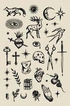 an image of various symbols and things drawn in ink on paper with stars, sun, moon