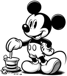 a mickey mouse cartoon character with a bucket and spoon in it's hand, black and white