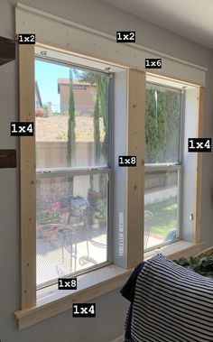 four windows with measurements for each window in the same room, and one is missing