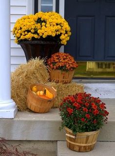 fall decorations on the front steps of a house