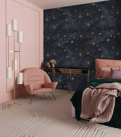 a bedroom decorated in pink and gold with stars on the wall, bedding and rugs