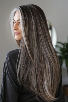 Dark Blonde Gray Hair Color Ideas, Mushroom Brown And Grey Hair, Gray Highlights Light Brown Hair, Long Dark Hair Over 40, Silver Grey Money Piece Hair, Gray Blending Hair Dark Brown Long Hair, Brown Hair With Grey Highlights Silver, Long Layered Grey Hair, Blended Gray Hair With Highlights