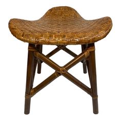 a wicker stool with wooden legs on a white background