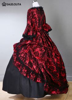 Renaissance Marie Antoinette Brocade Princess Gothic Fantasy Dress Theater Gown     Condition: Brand New   Color:  Wine Red   Material: Cotton   Silhouette: Ball Gown   Sleeve Length: Full Sleeve   Dresses Length:Floor-Length   Neckline: Square Collar   Decoration: Ruffles + Lace   Style: Vintage   Includes: Dress     Whether you're looking for a Revolutionary,Regency,Early Victorian,Pioneer Women,Old West,Civil War Era,Polonaise Sets,Bustle Eras,Victorian Era,Edwardian Era Dresses Clot Red Fitted Brocade Dress, Red Brocade Wedding Dress, Red Ruffled Gown For Banquet, Red Victorian Dress For Costume Party, Red Fitted Ball Gown For Fancy Dress, Fitted Brocade Dress For Costume Party, Elegant Red Gown For Fancy Dress, Brocade Banquet Dress, Fitted Brocade Ball Gown