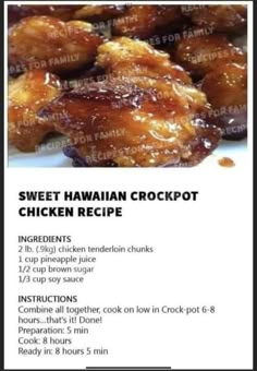 the recipe for sweet hawaiian crockpot chicken is shown in this advertizer