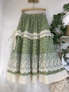 Patchwork Skirts, Skirts Summer, Tiered Midi Skirt, Patchwork Skirt, Floral Print Midi Dress, Floral Wraps, Mori Girl, Green Print, Wrap Dress Floral