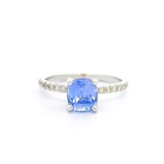 --Stone(s):-- (1) Natural Genuine Sapphire - Cushion Cut - Prong Set - Periwinkle Blue Color - No Heat - 1.43ct (exact - certified) ** See Certification Details Below for Complete Info ** (16) Natural Genuine Diamonds - Round Brilliant Cut - Prong Set - I/J Color - VS2/SI1 Clarity - 0.24ctw (approx.) Total Carat Weight:  1.67 (approx.) Material: Solid 14k White Gold Weight: 1.92 Grams Ring Size: 6.0 (Fitted on a finger. We can custom size this ring. Please contact us prior to purchase for sizing Blue Sapphire Diamond Ring, Blue Sapphire Diamond, Sapphire Diamond Ring, Ring Pictures, No Heat, Periwinkle Blue, Natural Sapphire, Sapphire Diamond, Quality Jewelry