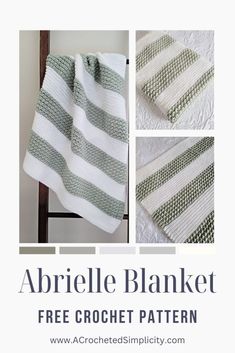 the crocheted blanket is made with white and green yarn, which has stripes on it