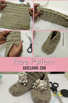 crocheted slippers are being made with yarn