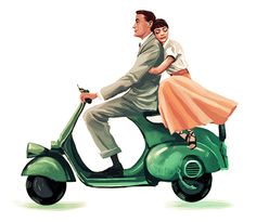 a man riding on the back of a green scooter while holding a woman