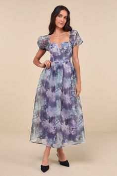 Let the romantic vibes of the Lulus Lovely Statement Purple Floral Organza Tie-Back Midi Dress make you feel effortlessly flirty for any special occasion! Airy woven organza, with a teal and white floral design throughout, shapes this gorgeous dress that features a princess-seamed bodice, a sweetheart neckline with a notched detail and supportive V-bar, and sheer puff sleeves (with elastic at the shoulders and cuffs). The high, fitted waist tops a twirl-worthy, skater-style skirt that finishes a Knot Tie Dress, Floral Organza Dress, Floral Dress Wedding Guest, Romantic Vibes, White Floral Design, Organza Dress, Puff Sleeve Dresses, Skater Style, Style Skirt